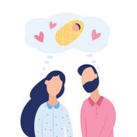 Couple dreaming about child - man, woman and baby characters, flat vector illustration isolated on white background. Family planning and fertility treatment concept.